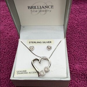 Brilliance Fine Jewelry Sterling Silver Heart Necklace & Stud Earrings - Silver